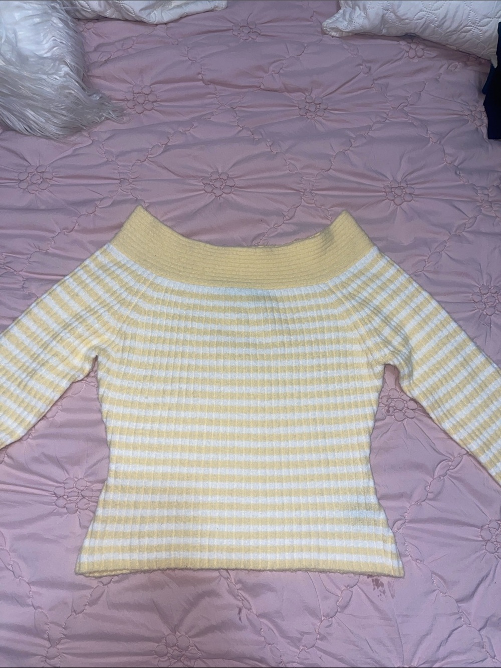 Derek Heart Yellow and White Striped Off-Shoulder Sweater
